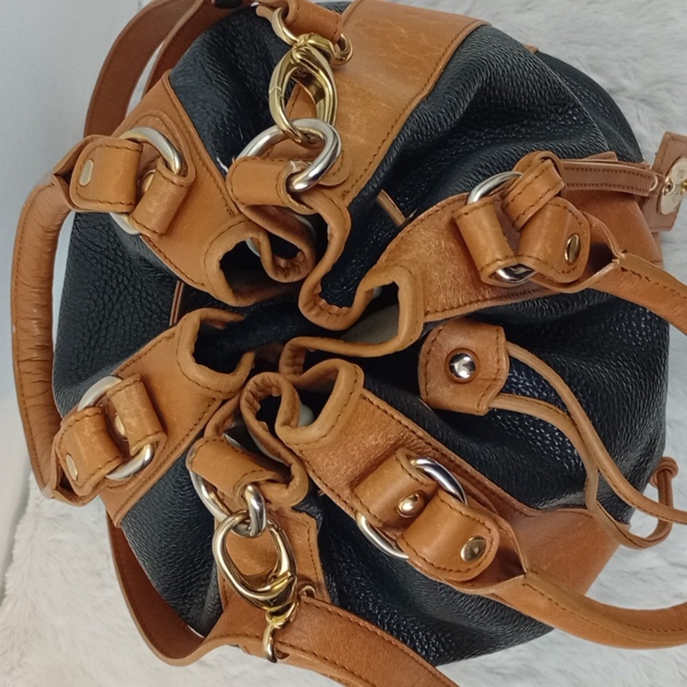Cristina Italy real leather drawstring bucket bag with strap Black Brown - Picture 11 of 16